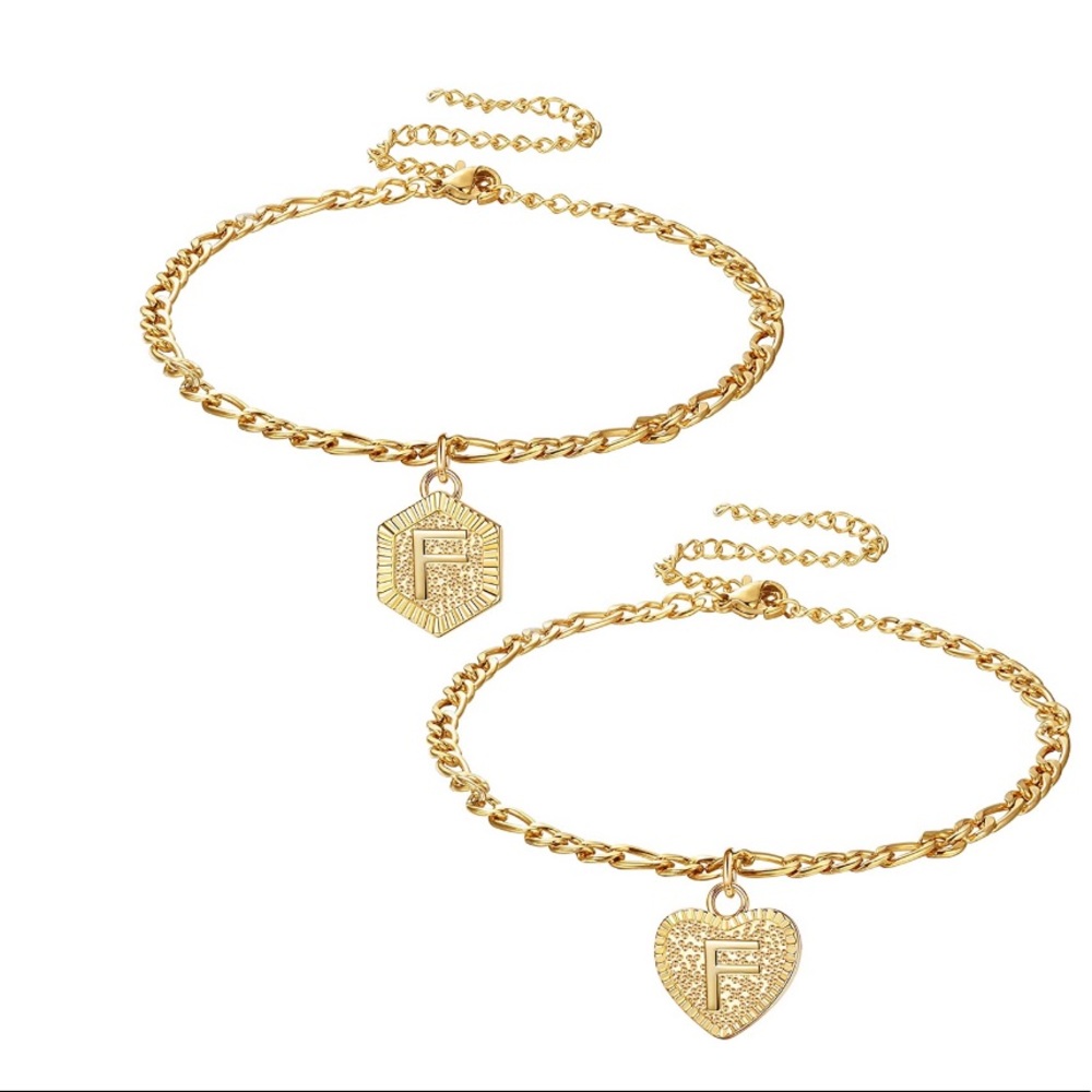2Pc Heart Hexagon Initial F Ankle Bracelets,Dainty Letter Pendant Bracelet